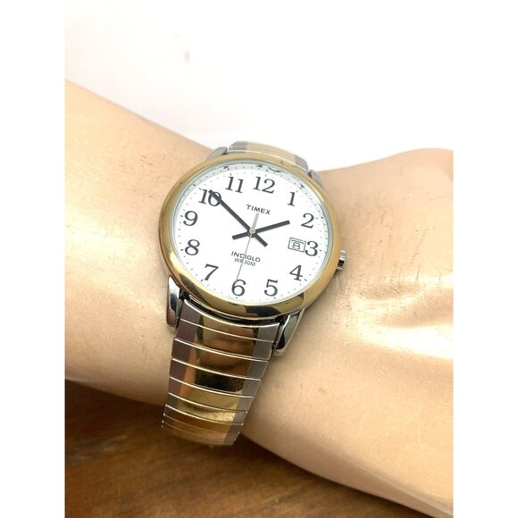Timex Men's Watch T2H311 Indiglo White Dial Quartz Two Tone Expansion Band 35mm - Picture 5 of 13